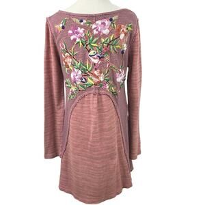 Soft Surroundings Embroidered Sweater Tunic Boho Floral Back Pink S